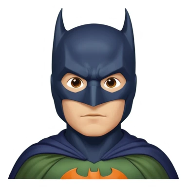 generate a batman emoji with just the face and neck showing and part of the cloak and and wings. Shade the bat logo on the chest in a medium green with a slight olive touch. Shade the mask in dark navy blue. Shade the cloak in a solid vibrant orange.

 sticker