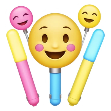 An excited yellow emoji face with closed smiling eyes and blushing cheeks, cheering enthusiastically while holding up two glow sticks (one blue, one pink). It represents high energy, fandom, and celebration. sticker