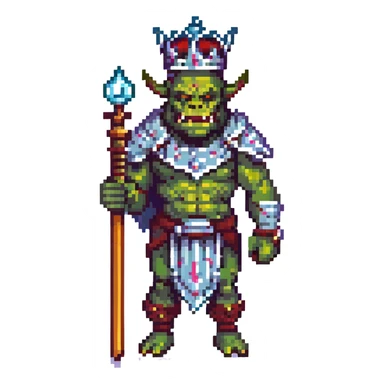 pixel art crowned orc, holding a scepter, ornate crown, fierce expression, retro game look sticker