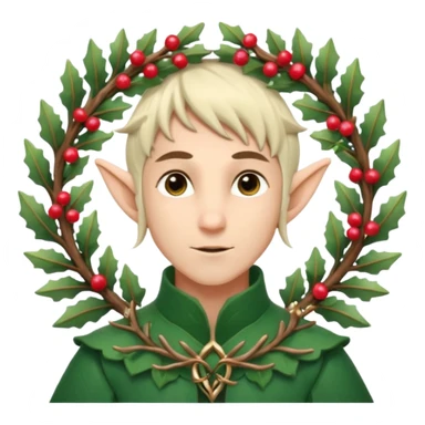 Fantasy elf portrait emoji, winter forest wreath made of pine branches and berries, elven ears visible, calm elegant expression, clean simple design, soft winter colors, flat emoji style, high readability, male variant
 sticker