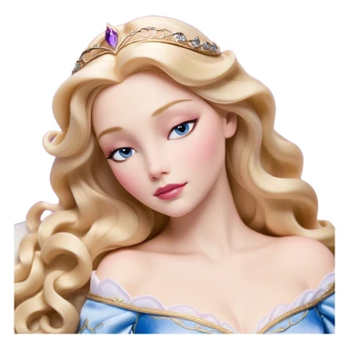 Cinematic Realistic Sleeping Beauty (Aurora) Portrait, with porcelain-like skin featuring a natural rosy flush, illuminated by soft lighting that highlights the gentle contours of her face. Her golden blonde hair flows in soft, detailed waves with subtle highlights that shimmer in the light. Her deep violet-blue eyes radiate warmth and innocence, framed by arched brows and long lashes. Her serene expression exudes quiet elegance. She is dressed in her classic pink gown, the fabric rich in texture with delicate folds that catch the light. A golden crown rests atop her head, gleaming with royal refinement. The portrait captures a soft, glowing aura, blending realism with an ethereal sense of beauty and timeless enchantment. sticker