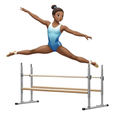 Professional gymnast performing a complex routine on parallel bars, demonstrating strength, control, and perfect balance. The gymnast is mid-air, executing a powerful move with focused concentration. The background shows a brightly lit gymnasium with a cheering audience. sticker