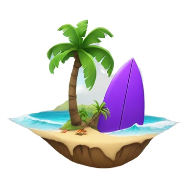small island in the middle of the ocean with palm tree and purple cartoon Surfer sitting next to it with surfboard siting next to the palm tree sticker
