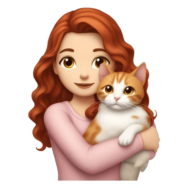 white girl with long very dark red wavy hair and dark brown eyes and light pink outfit hugging a white & ginger cat  sticker