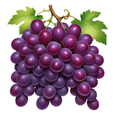 Cinematic Realistic Grapes Emoji, Clustered together in rich purple hues, with smooth, plump skins reflecting light in a glossy, delicate sheen. The stems curve slightly, holding the clusters together like a sweet, natural treasure. Soft glowing outline, capturing the essence of natural sweetness and richness in a bunch of ripe grapes! sticker
