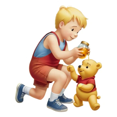 yellow teddy bear winnie the pooh is wearing a red t-shirt with the inscription "Winnie" eats honey from a jar happily communicates with his little friend Christopher Robin, Christopher Robin boy 10 years old is wearing a white shirt, red vest, denim shorts, white socks black sneakers  sticker