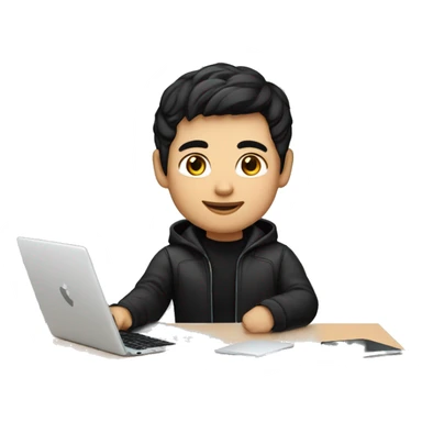 memoji of a man with a laptop in front, apple-style, fair white skintone, black jacket or hoodie,modern,black hair,black sweater,computer in hand,sitting on his desk sticker