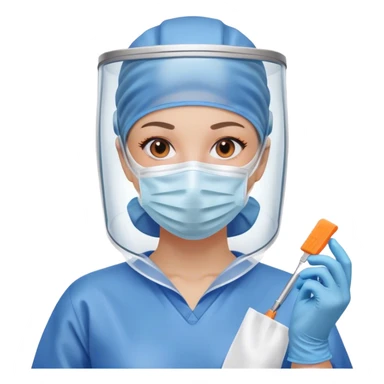 A meticulous cleanroom worker dressed in full protective gear, including a blue sterile suit, a face mask, a hairnet, and orange gloves.  wipe  in her hand. sticker