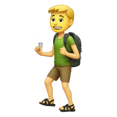 a white guy hiking using sandals, with a computer and coding while he is hiking sticker