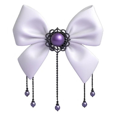 3D emoji gothic bow, white silk, silver spiderweb brooch, black chain fringe, dark pearl details sticker
