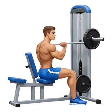 side-view bodybuilder in blue shorts seated weighted calf-raise machine on his tip toes sticker