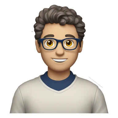 caucasian white boy with dark wavy  hair, blue glasses, and carrying design paper plan because he is an architect carrying a pencil and a set model maquette. wearing a navy blue long sleeve sweater shirt. smart.  sticker