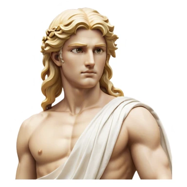 Cinematic Realistic Thor Portrait, depicted as a classical Greek god with a chiseled, sculpted physique reminiscent of ancient marble statues. His fair, luminous skin carries a subtle golden sheen, and his long, wavy, sun-kissed golden hair flows elegantly around his noble face, accentuating his determined, piercing eyes. Draped in a flowing white toga with delicate golden accents and hints of lightning motifs, the portrait is rendered in dynamic natural lighting with a radiant, mythic glow that exudes timeless strength and divine grace. sticker