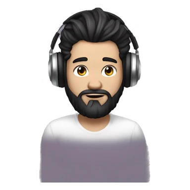 a DJ with white skin, using a headset, horns, straight black hair that is piled up at the front forming a topknot and a gradient beard joining the hair, he is 35 years old. sticker