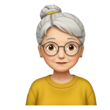 Abuela con arrugas, cabello canoso blanco en moño, expresión tierna, gafas redondas, suéter amarillo y detalles relacionados con plantas. Estilo amable y acogedor. sticker