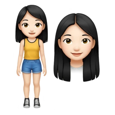 A Asian girl with fare skin and hoop earrings, long straight black hair with black eyes, smiling, full body sticker