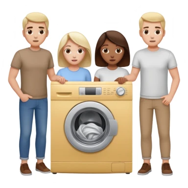 Eine Frau mit dem in der Waschmaschine feststeckt und zwei Männer die hinten an ihr ziehen um ihr zu helfen  sticker