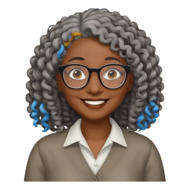 smiling dark older black woman wearing glasses with lots of long curly gray hair a sticker