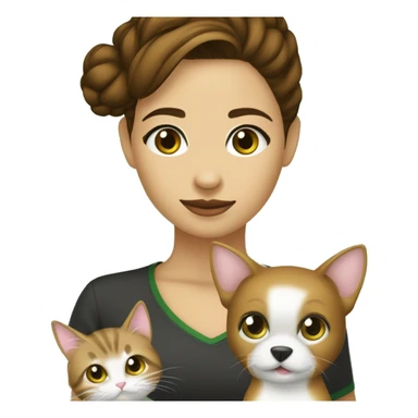 garota pele clara com cabelo cacheado castanho claro  loiro comprido 8 anos com olhos verdes muito escuros e um gato preto e um cachorro caramelo sticker