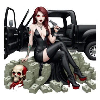 Lilith symbol red eye seductress evil long brown haired sexy succubus woman with leather long dress with slit, sitting in Big Large F350 pickup truck. Black Platform high heels on feet. Tattoo sleeve arms, seat full of stacks of cash, and a man dead human skull of her enemies and a gun in other hand sticker