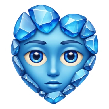 very sharp broken blue gem mineral , multiple irregular chunks, very shiny with two eyes and heart shaped sticker