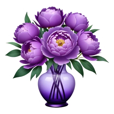 "A bouquet of peonies in various shades of purple, from pale lilac to deep violet, is arranged in a translucent purple glass vase with subtle curves. The petals are layered, some gently curling outward, while others remain tightly clustered. A wide, satin violet ribbon is tied around the vase, its ends draping softly over the surface below."
 sticker