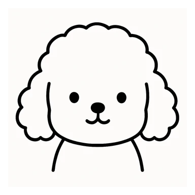 minimalist kawaii line art of a poodle-like dog's head with a large, round, fluffy head and puffy, curly ears hanging down on each side, resembling a poodle. facial features are extremely minimal: two small black dot eyes set wide apart, a tiny round nose, and a simple curved mouth like an upside-down 'Y'. thick, clean, bold black lines on a white background. expression is calm and neutral, conveying a gentle, sweet, and peaceful personality. symmetrical and child-friendly, with a warm, cozy feeling. no colors or shading, just black linework. slight hand-drawn quality but polished and readable, ideal for coloring books or stickers. sticker