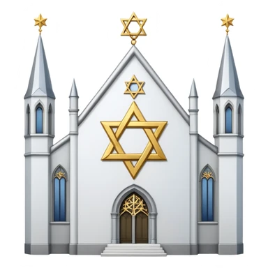 reform jewish synagogue similar in architecture to historical religious architecture in europe. the building should be white with silver/golden features, gothic architectural elements and star of david. no crosses. the emoji should be in ios emoji style. sticker