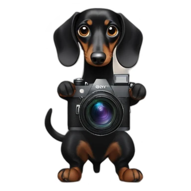 a black dachshund dog holds a SONY camera in its front paws sticker