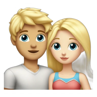 A blond boy with blue eyes who kisses a pretty blonde girl with blues eyes,  with a heart above their heads  sticker