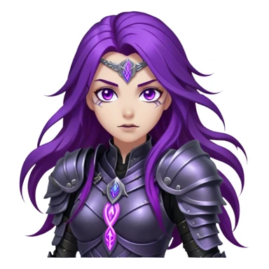 A mysterious warrior girl with long, flowing purple hair catching the dim light. Her glowing violet eyes stare forward, unwavering. She wears sleek black armor, adorned with silver runes that pulse faintly with hidden power. A dark mist swirls at her feet, hinting at the energy she commands. sticker