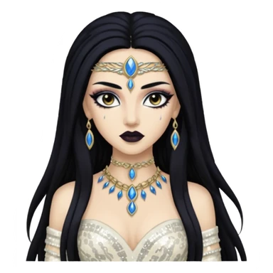 Akasha from Queen of the Damned with long black hair, ivory sequin outfit sticker