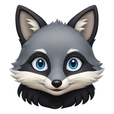 Grey furry fox with a black coat, blue eyes, and a small fringe of black hair, smiling sticker