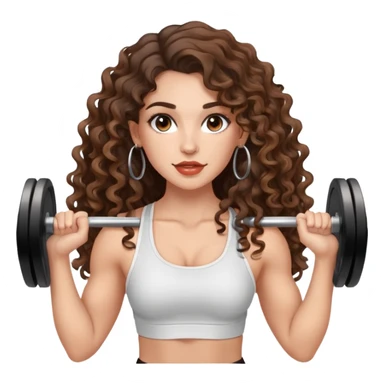 cute girl with not volominous VERY LONG curly/wavy brunette hair with balayage, brown eyes, full lips, natural clean girl makeup and hoop earrings white girl: AT THE GYM LIFTING WEIGHTS sticker