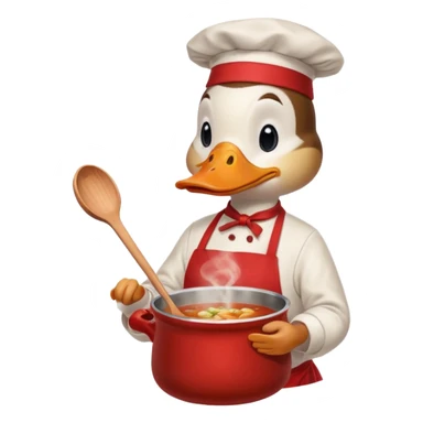 A duck wearing red apron stirring soup in a small pot, looking very focused. sticker