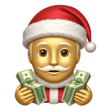 A confident rich emoji face wearing a Santa hat, money stacks, casino vibe, New Year theme, premium 3D emoji style, sharp details, no text, isolated on transparent background sticker