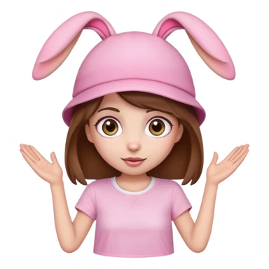 Cute emoji girl with big eyes, brown hair, bunny ear pink hat, white t-shirt and pink shorts. sticker