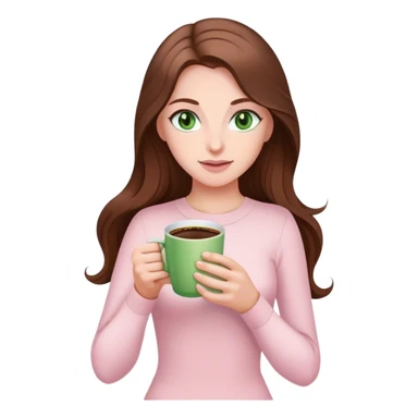 pretty woman with very long brown hair and green eyes and light pink outfit with a coffee sticker