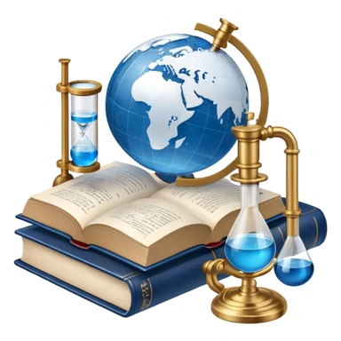 Icon for Scientific and Educational Reading: an open book with mathematical formulas, a microscope, a test tube, and a globe. The icon should represent the curiosity and knowledge found in scientific and academic books. Transparent background. sticker