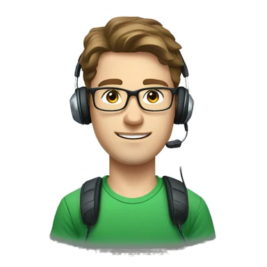 white young man with blue eyes and brown hair and square glasses wearing green t-shirt with headset sticker