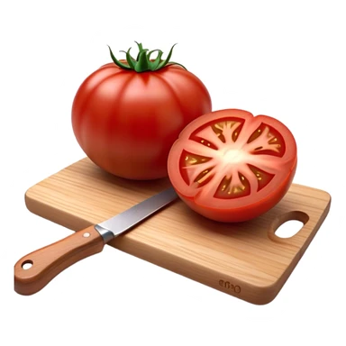 Cinematic juicy ripe tomatoe, deep red, slightly dewy, arranged on a wooden cutting board, soft glowing background, rich and flavorful. sticker