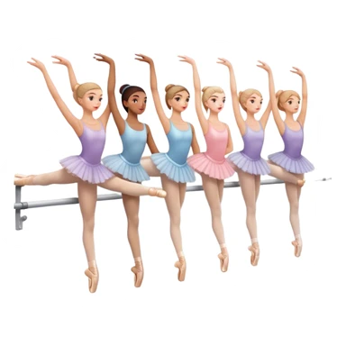 "Icon for Choreography: a group of dance students stretching, holding one hand on a long barre along the wall. The icon should capture the disciplined and graceful nature of ballet practice. Transparent background. sticker