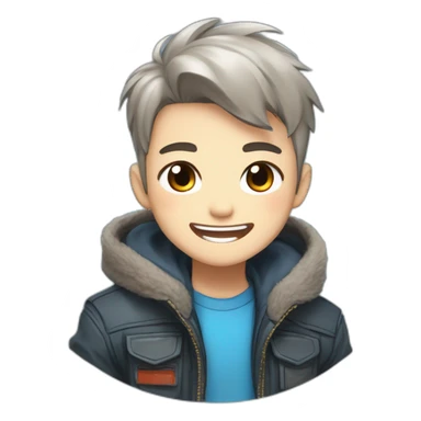 logo illustrated boy laughing out loud, chibi anime style, head and shoulders only, red cheeks, light brown eyes, short gray hair, cyberpunk jacket with blue colors, flashing background. sticker