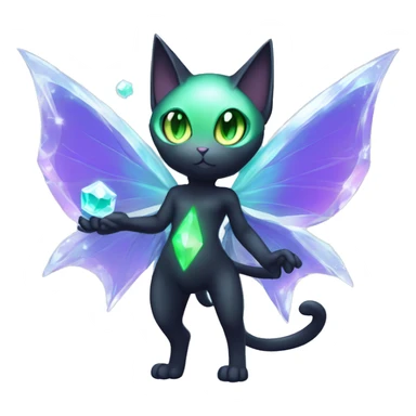 Shiny, Sparkly, Black Dark-type-Fairy-Type-Psychic-Ice-type-Fakémon-Cat Purple eyes, green gem, full body sticker