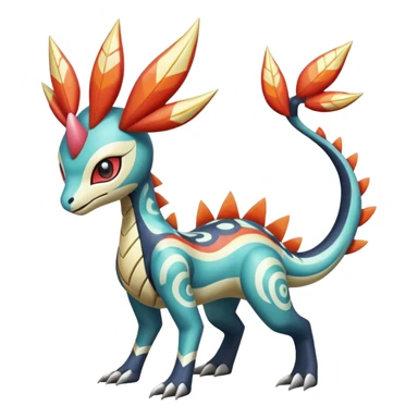 zig-zag-patterned clownish colorful exotic fruity tribal tropical hot swirl-marked Meloetta-Dialga-Salamence-Giratina-Noivern-Pokémon-Fakémon-fusion-hybrid-creature sticker