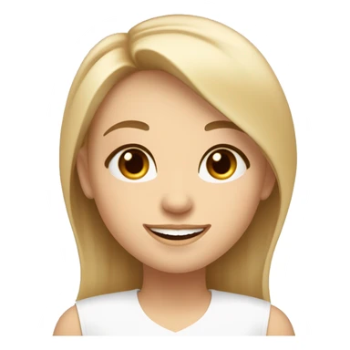 a girl, heart-shaped face with high cheekbones and a slightly pointed chin, almond-shaped brown eyes framed by long natural eyelashes. 
Arched eyebrows, medium density, long light blond hair, wide smile showing teeth, joyful and expressive face sticker