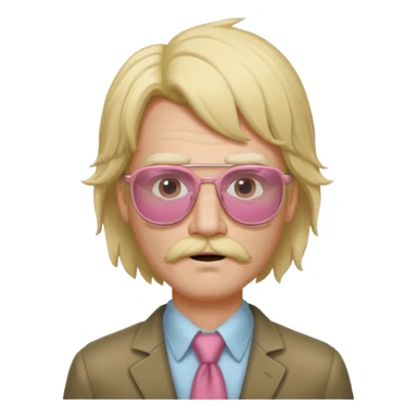 slender man character inspired by Boomganza, wearing rose-colored glasses with no lenses, frizzed out blonde wig like Joe Dirt, scruffy thin beard and mustache sticker