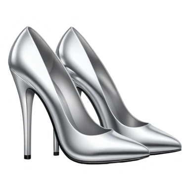 A pair of high heel shoes emoji made of polished silver chrome, elegant sharp silhouette, smooth metallic surface, glossy reflections, luxury sexy vibe, minimalistic iOS emoji style, centered, clean white background sticker