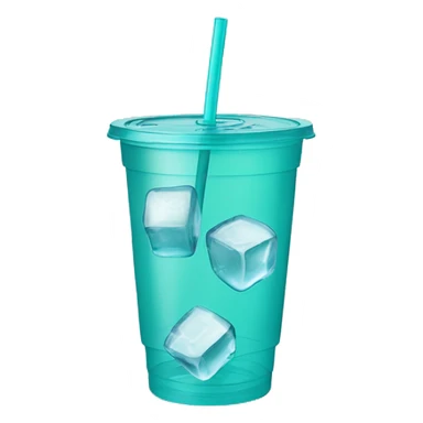 Realistic plastic cup and lid with Transluscent teal and large ice cubes inside and one straw through the top of the lid. sticker