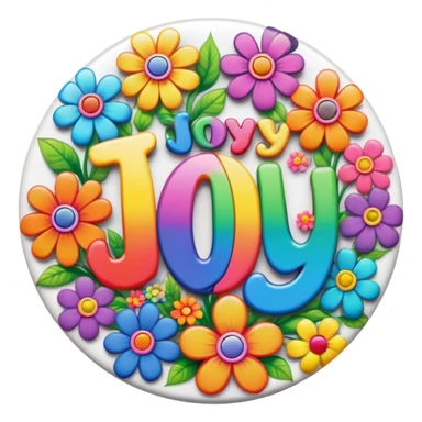 A round psychedelic colored button that says joy with rainbow colored hippie style flowers sticker